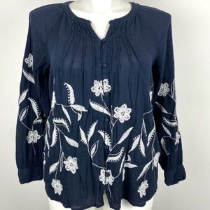T90 J. Jill Size Large Embroidered Floral Flowy Button Down Top Navy Blue/White